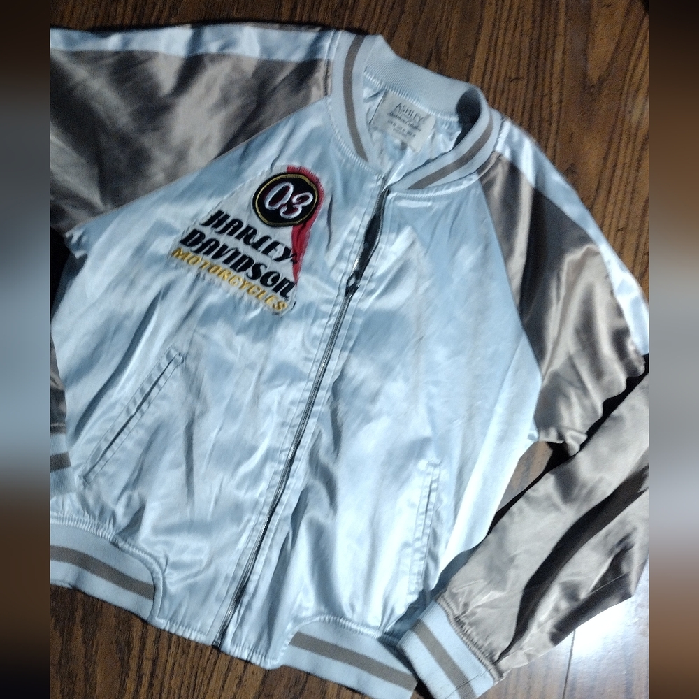 White/Tan Bomber Jacket With Added Harley Davidson Graphics